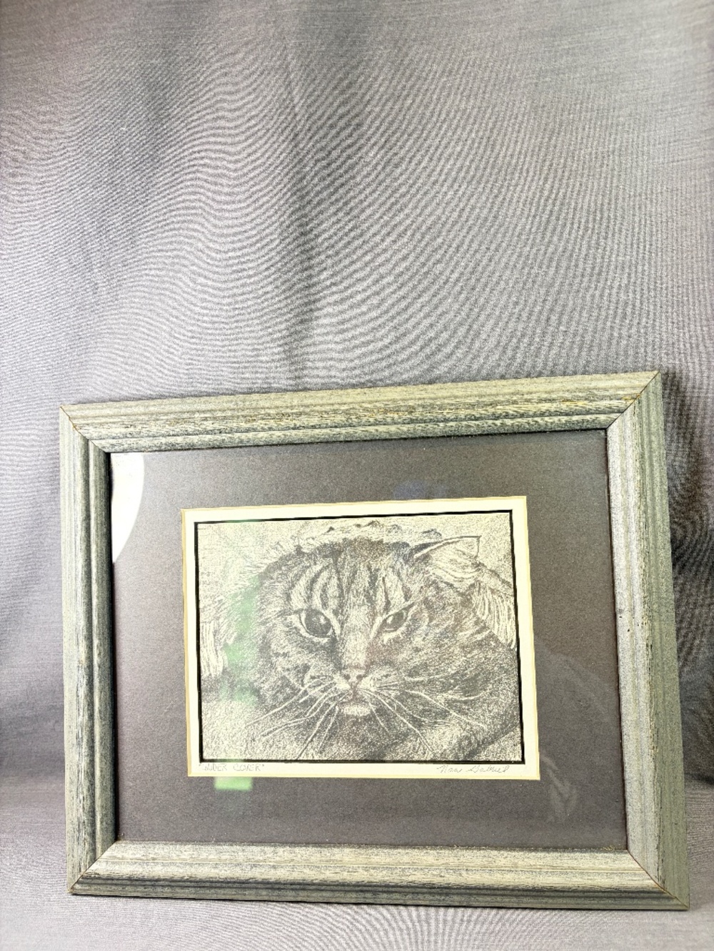 Cat Drawing Lithograph Print Matted Framed Artist Nan Gabriel "Under Cover"